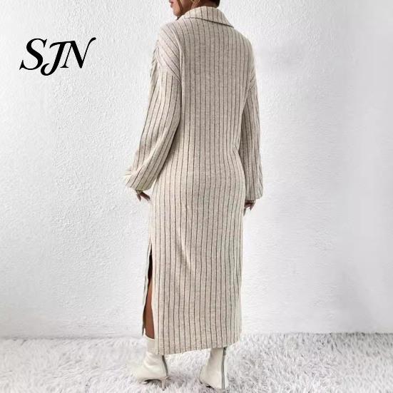 Ribbed Sweater Dress Women Knit for Fall Winter, Long Sleeve with Elegant Dresses Side Split, Solid Color Casual Collared V Neck Midi