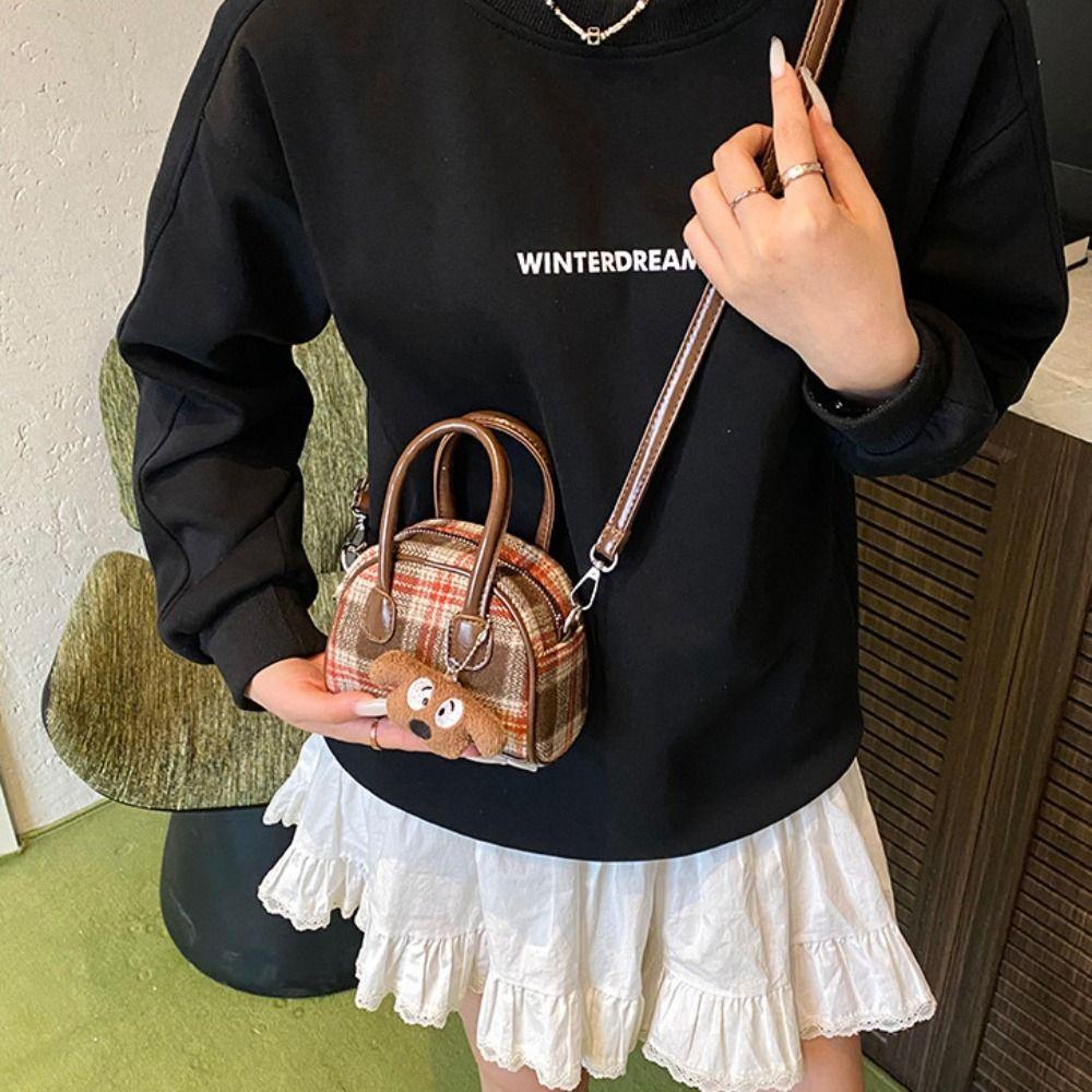 French Style Boston Shoulder Bag Cloth Women Handbags Trendy Woolen Plaid Bowling Bag  Girls