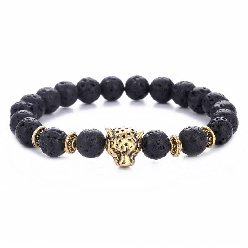Alloy Leopard Head Volcanic Stone Stretch Bracelet