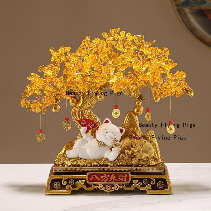 1pc Resin Wealth Cat Ornament Wealth Tree Ornament Home Decoration Resin Crafts Housewarming Gift Chinese Desktop Decoration