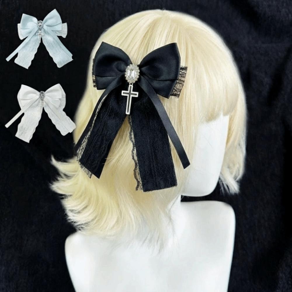 Cute Bow Cross Pendant Gothic Hair Clip Exquisite Lace Design Y2K Hair Clip  Girl's Accessories