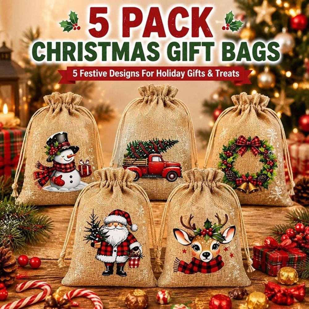 5pcs Reusable Drawstring Gift Bags Rustic Christmas Gift Bags Candy Bags Christmas Party
