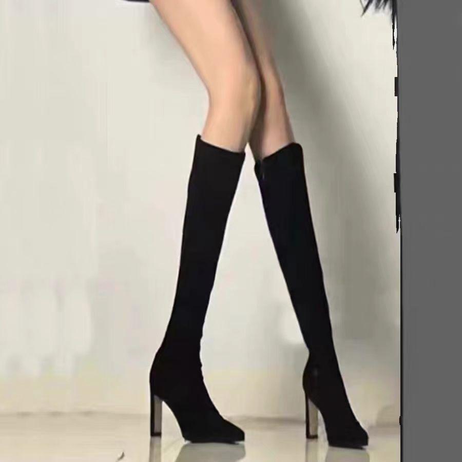Knee suede boots women's thin boots autumn high boots pointed high heels apricot but elastic