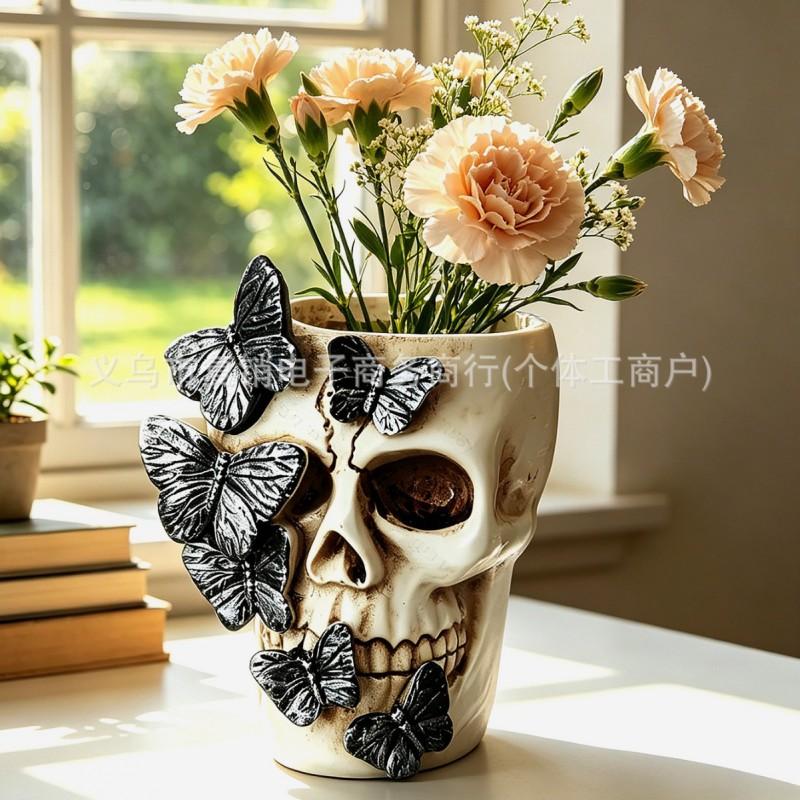 Halloween Skull With Black Butterfly Resin Desktop Organizer Decorative Vase Home Party Decoration Craft