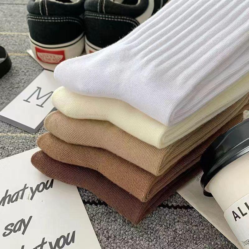 6 Pairs Women's Casual Comfortable Mid Length Socks Spring Summer Fashionable Versatile Solid Color Long Tube Sports Socks