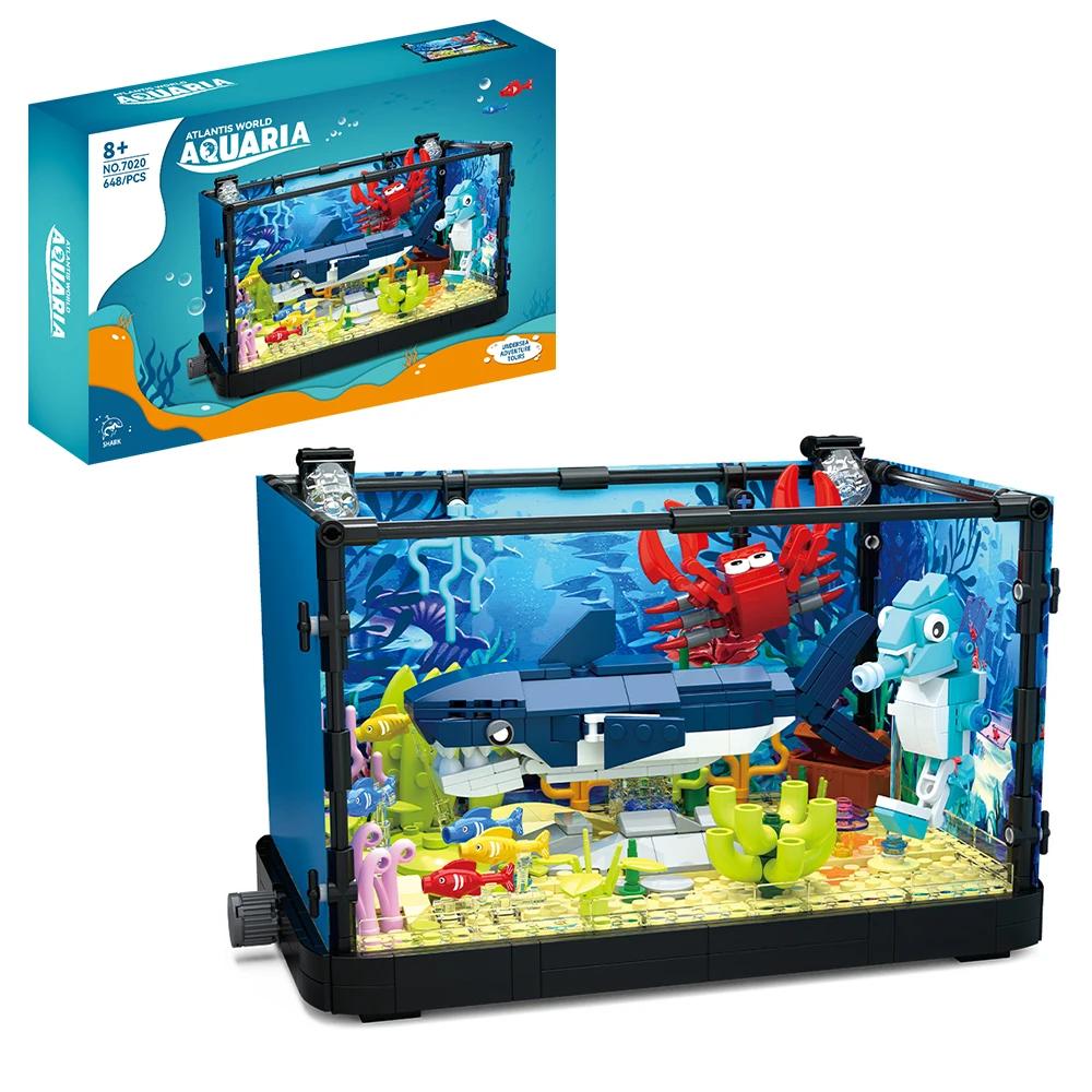 Non-Toxic Fish Tank Block Set With Lights Aquarium Marine Life Shark Eco Tank Block Playset For Kids 6+ Years Gift For Ocean Lovers