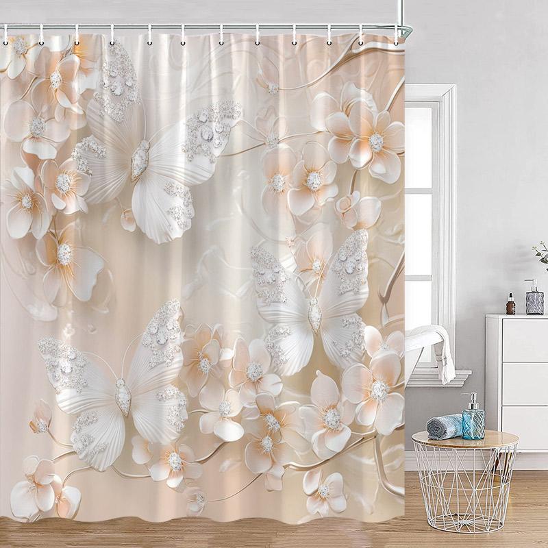Luxury Gold White Floral Shower Curtain Rose Butterfly Cherry Blossom Modern Art Flower Polyester Fabric Bathroom Curtains Dec