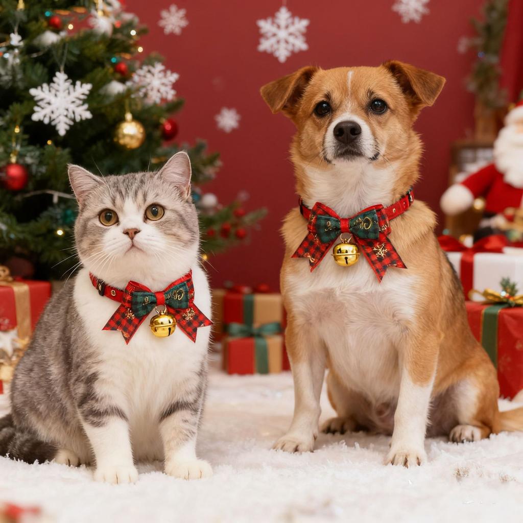Christmas Pet Collar with Bell Bow Red Green Themed Adjustable Dog Cat Necklace Holiday Party Photo Prop Pet Fashion