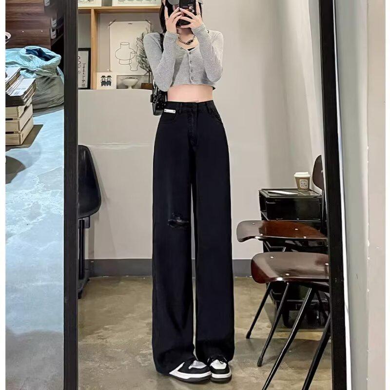 

Женские джинсы с высокой талией, рваные, больших размеров, летние - Слим, прямые, с широкими штанинами XL чёрный