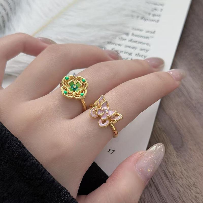 Princess On The Run, Enamel Dripping Oil, Pink Butterfly Ring, Female Niche High-End Sense, Medieval Stacked Index Finger Ring