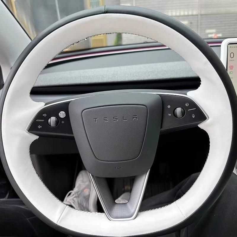 Hand-Stitched Non-Slip wear resistant Black white  Leather Car Steering Wheel Cover For Tesla New Model 3 Highland 2024