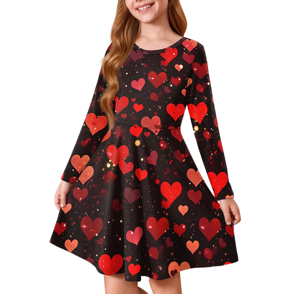 Sommer-Prinzessinenkleid für Mädchen - Langärmeliges A-Linien-T-Shirt-Kleid Valentinstag