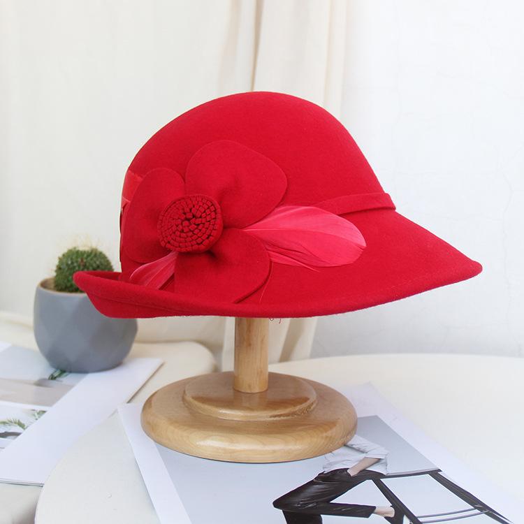 Retro Top Hat Autumn And Winter Woolen Hat Women'S Fashion Flower Styling Hat Back Curling Felt Hat