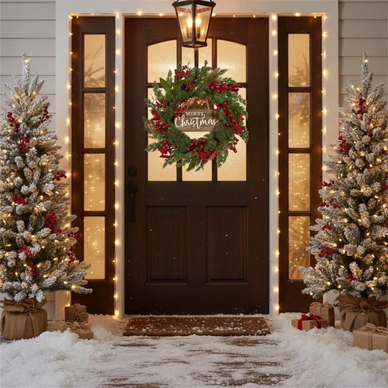 Pine Needle and Berries Door Wreath For Christmas New Year Indoor Outdoor Decorations Easy To Hanging Window Accessory