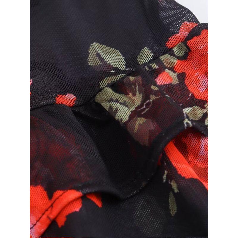 Kaslead New Arrival Women's Clothing Fashion Style Fashion Square Collar Mesh Floral Print Waist-Tight Elegant Ruffled Long Dress