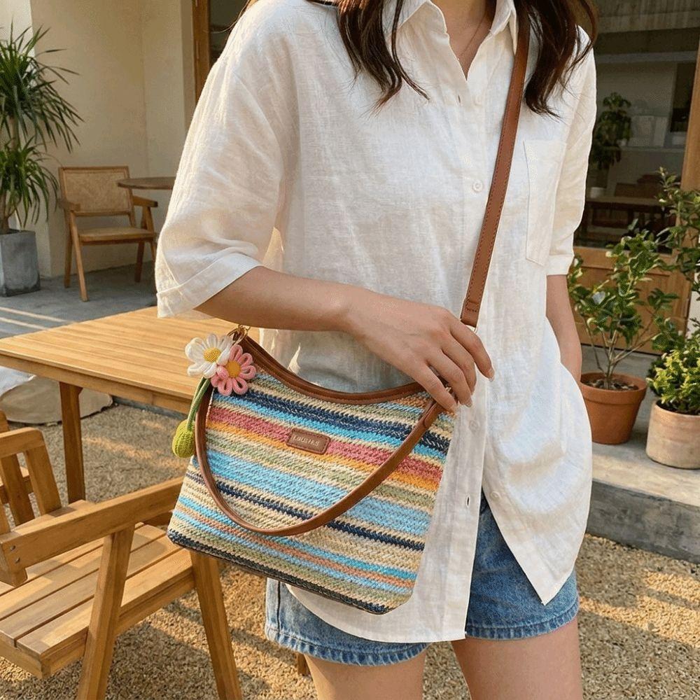 Large Capacity Woven Shoulder Bag Polyester Knit Hobo Bag Causal Straw Tote Bag  Vacation
