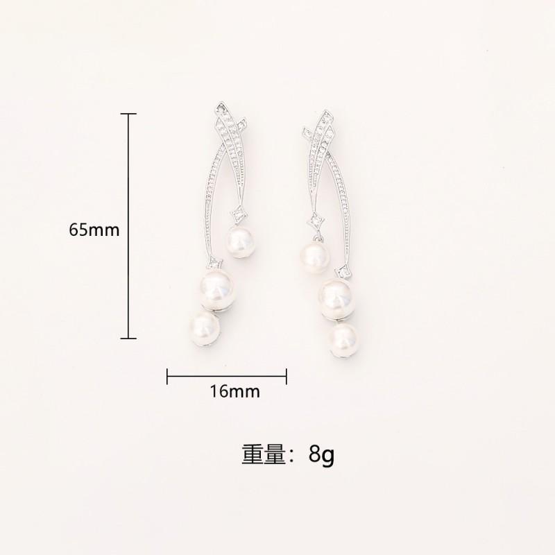 Elegant Long Drop Earrings With Micro-Paved Pearls Gold Plated Sterling Hypoallergenic Lightweight Fashion Jewelry