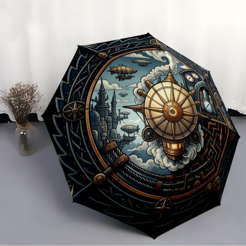 Steampunk Adventure Map Pattern Umbrella, Portable and Foldable Design, 8 Ribs, a Casual Accessory for Halloween, Christmas, and Birthday Gifts.
