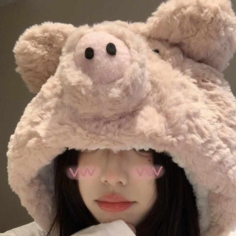 Furry Pig Ear Hat for Adult Teens Plush Earflap Hat for Shopping Skiing Windproof Beanies Hat for Cold Weather Headwear
