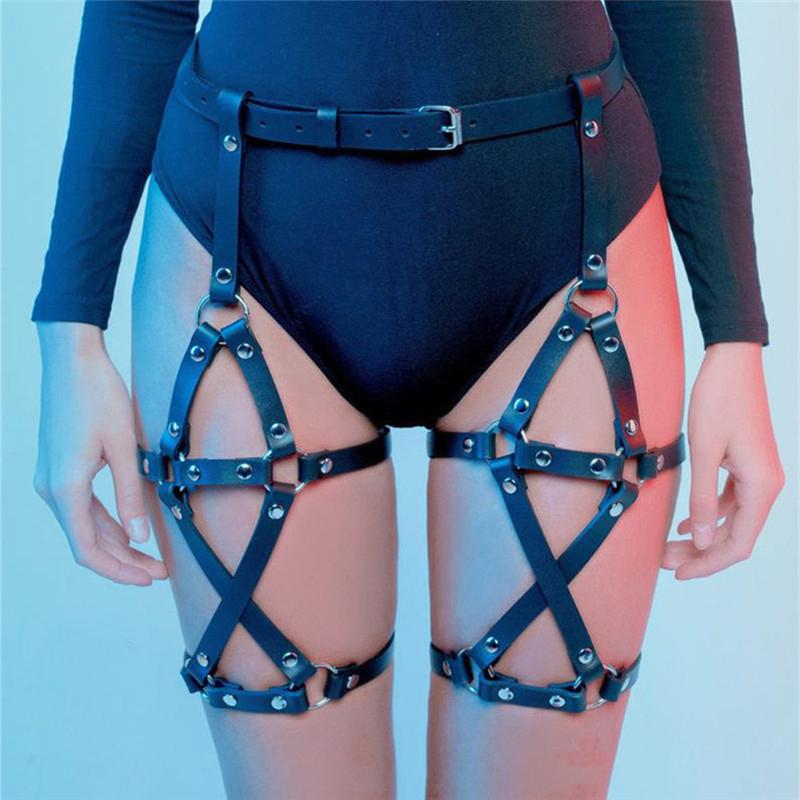 Dámský sexy klecový postroj na nohy Bdms Bondage Postroj Podvazkový pás na stehno Kožené spodní prádlo Gotické fetišové oblečení Exotické doplňky
