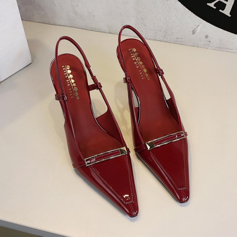 European Style Banquet Pointed Toe Stiletto Heels Patent Leather Metal Buckle Open Back Strap Vulcanized Shoes for Women