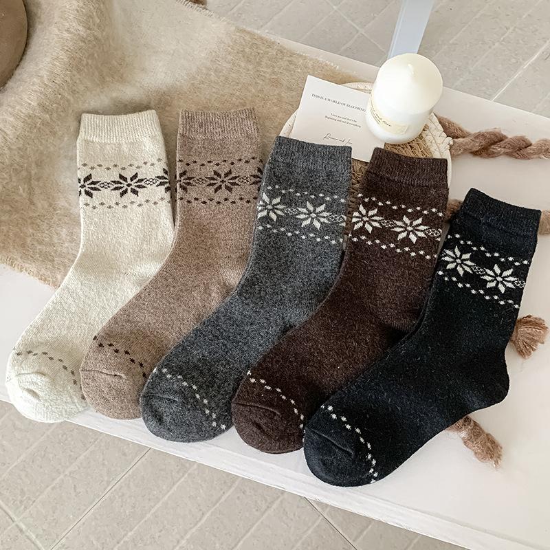 Wool Socks Children'S Season Mid-Tube Socks Trendy Retro Snowflake Fleece Thickened Warm Cashmere Stacking Socks Women