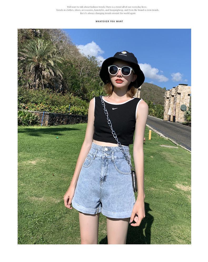 Women's Super High Waist Double Button Cuffed Denim Shorts - 2022 Spring/Summer, Slimming A-line Hot Pants, Trendy Style.