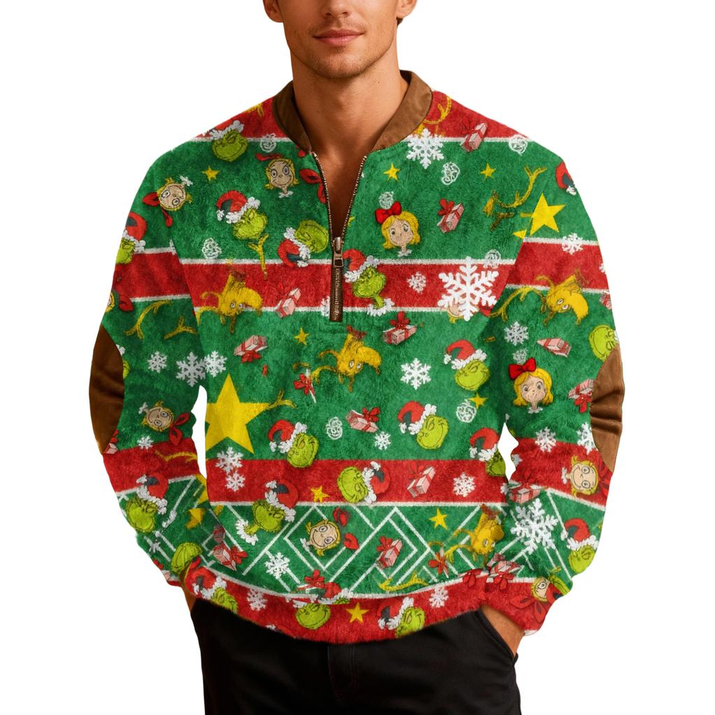 Men's Casual Cartoon-printed Semi-zipper Flannel Retro Long-sleeved Sweatshirt