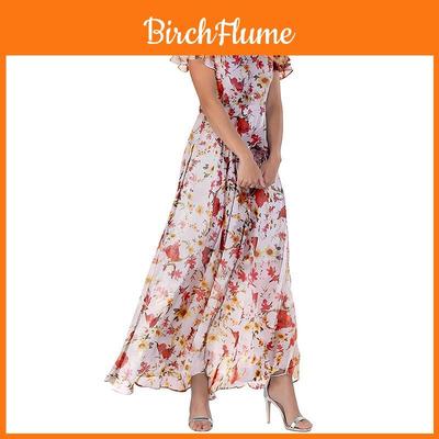 Summer Floral Chiffon Dress With V Neck Short Sleeves For Elegant Casual Wear