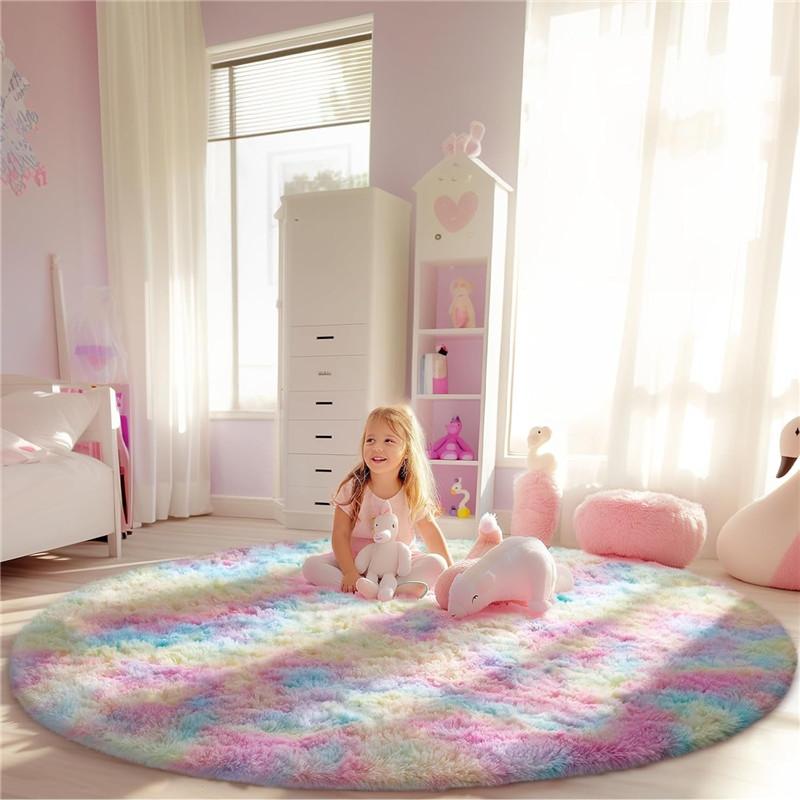 2x2m Round Rug for Bedroom, Super Fluffy Circle Rugs for Baby Nursery Furry Carpet for Children Kids Room, Cute Soft Shaggy Rug for Girls Home Decor