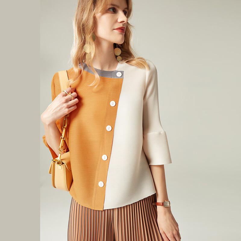 Women s Light Luxury Pleated Color Block 3/4 Sleeve T-Shirt One Size