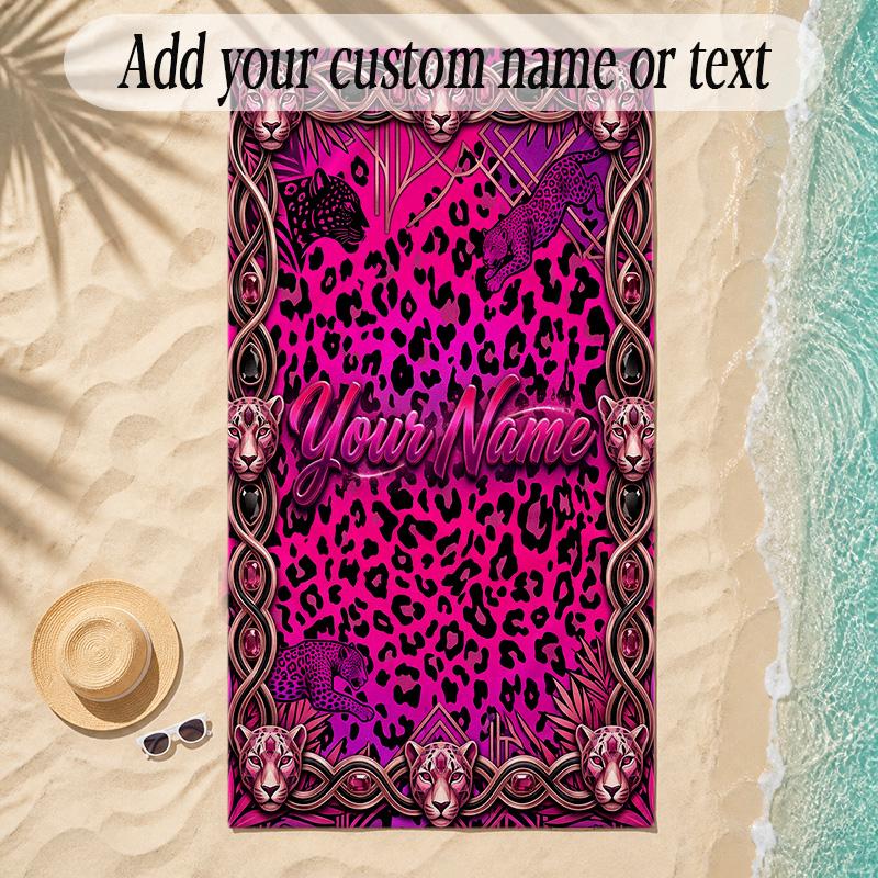 Leopard Theme Soft Beach Towel Personalized Custom Name Text Towel Portable for Beach Pool Travel