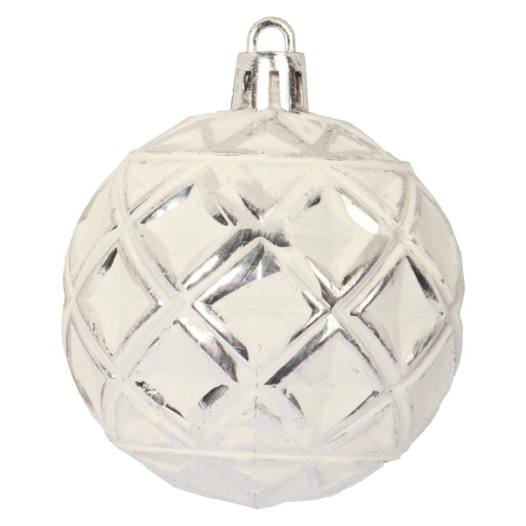 Set of 6 White Plastic Baubles with Embossed Diamond Pattern - 3 Silver-Plated, 3 Glitter, Diameter 6 Cm