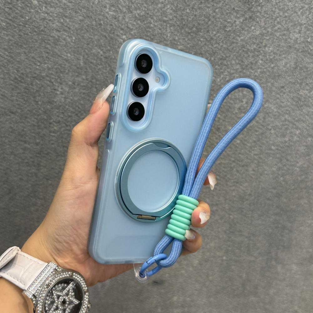 Matte Ring Magnetic Stand Holder Case For Samsung Galaxy S25 Ultra S24 Plus Translucent Wrist Strap Lanyard Shockproof Cover