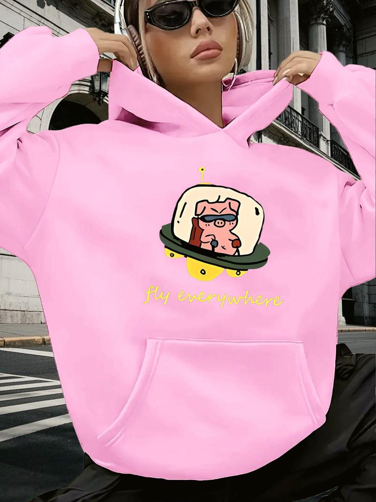 Women's Hoodie Spaceship Pig Cartoon Print 2025 Autumn/winter Hoodie Long Sleeved Women's Top Sweatshirt Casual Clothing