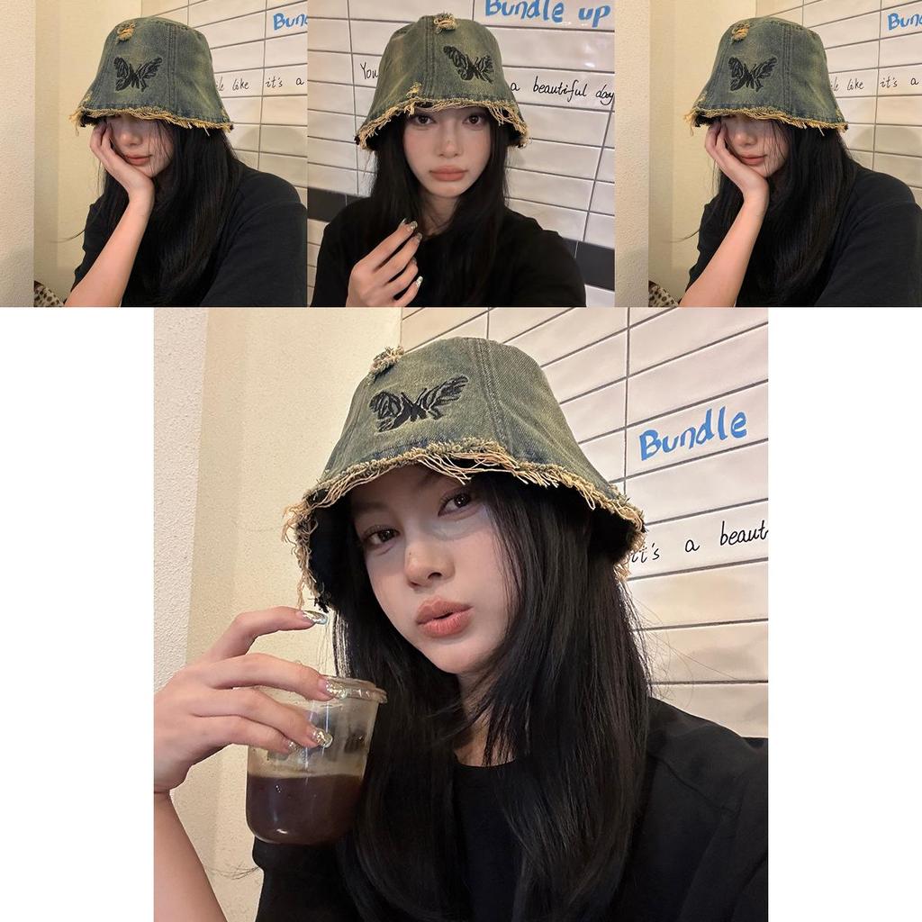 Trendy Retro Embroidery Denim Fisherman Hat For Adults With Chic Butterfly Design