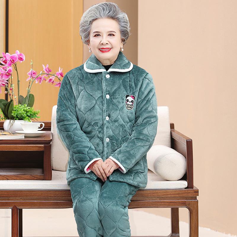 Pajamas three-layer thickened loungewear coral fleece clothes fleece clothes the elderly winter suit women