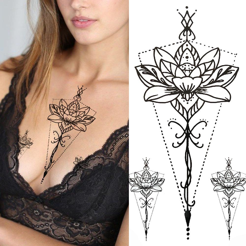 Geometry Owl Temporary Tattoo For Women Fake Wolf Tiger Deer Triangle Tatoo Sticker Black Moon Flower Body Art Tattoos Paper
