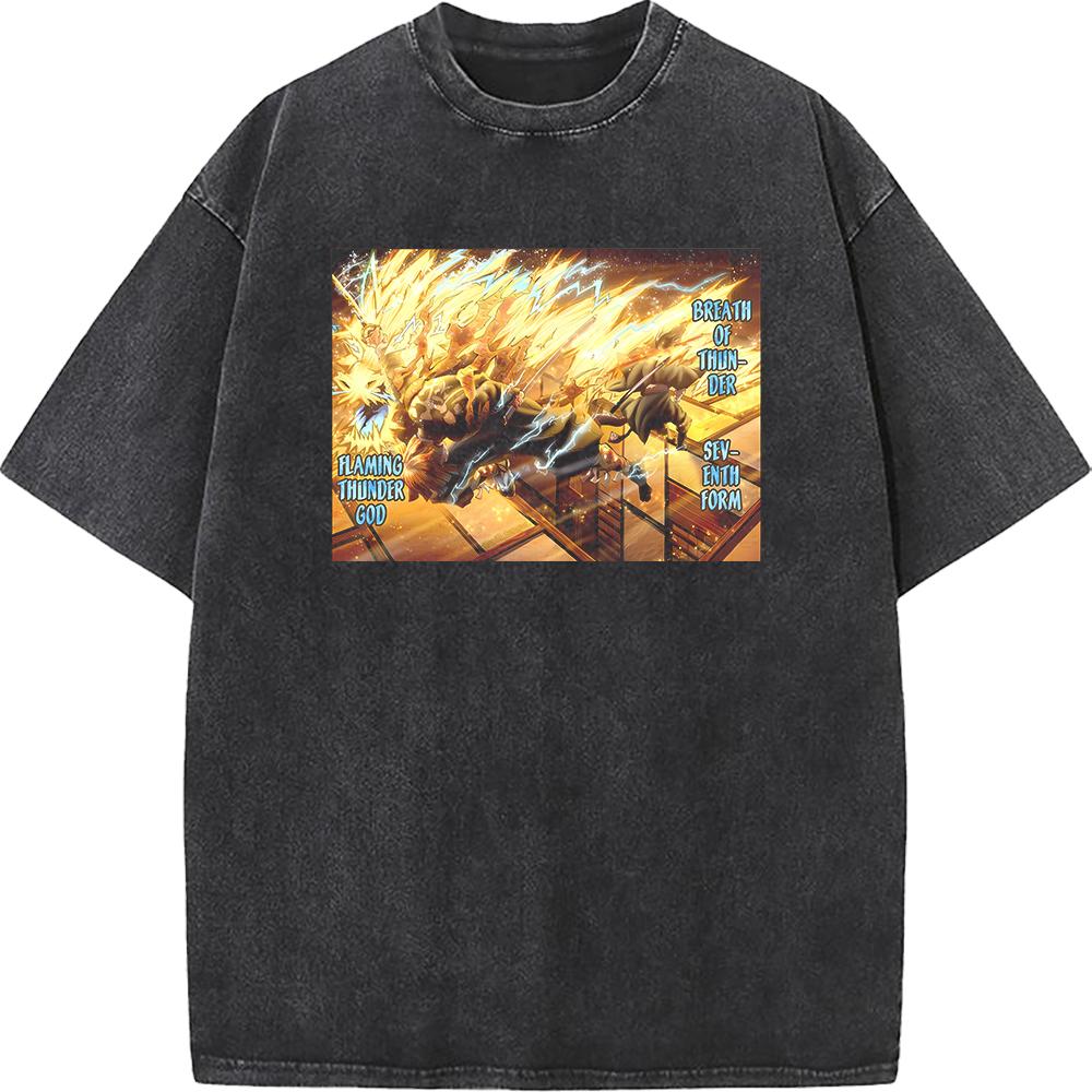 Hot Anime Demon Slayer Agatsuma Zenitsu Kaigaku Print T-shirt Men Retro Washed Tshirts Casual Cotton T Shirt Harajuku Male Tops