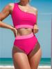 2024 European & American Color Block One-Shoulder High-Waist Bikini Swimwear