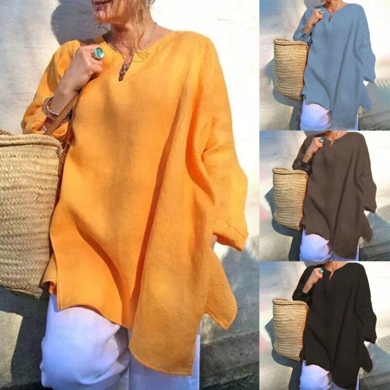 Plus Size Womens Casual Baggy Long Sleeve T-shirt Breathable Summer Beach Tunic Blouse Tops For Everyday Wear