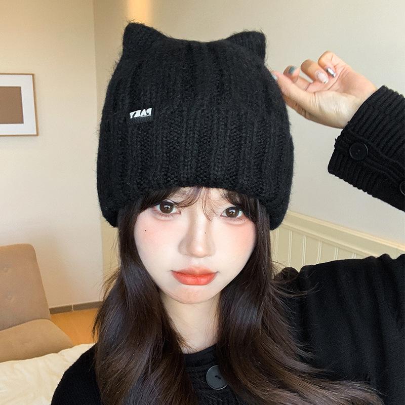 Cat Ears Wool Hat Women's Autumn and Winter Fleece Thickened Warm Knitted Hat Cold Protection Ear Protection Baotou Hat