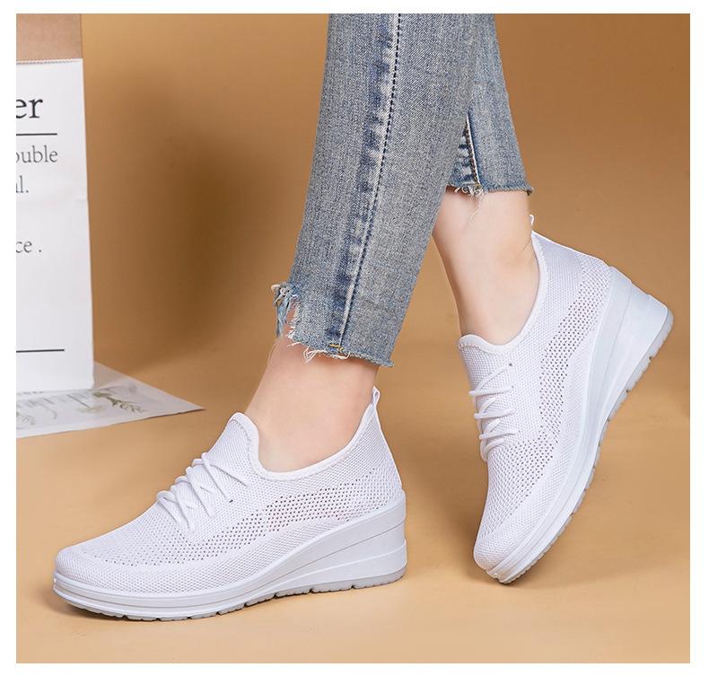2024 Summer Net Shoes Women's Inner Elevation Shoes Breathable Mesh Surface Non-slip Soft Sole Comfortable Casual Shoes White Sports Shoes