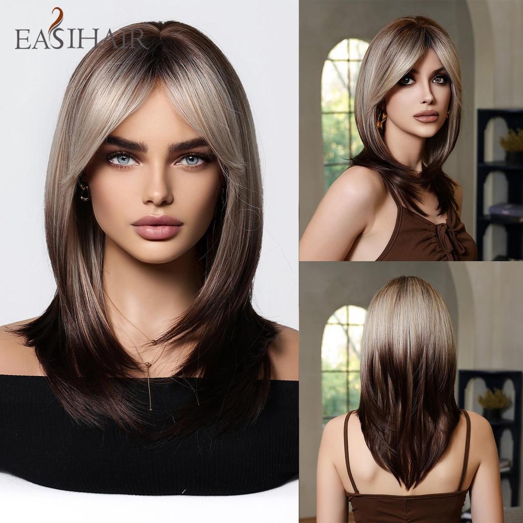 Platinum Ombre Synthetic Wigs for Women Long Wavy Silky Natural Hair Wig with Bangs Cosplay Party Heat Resistant Fake Hairs