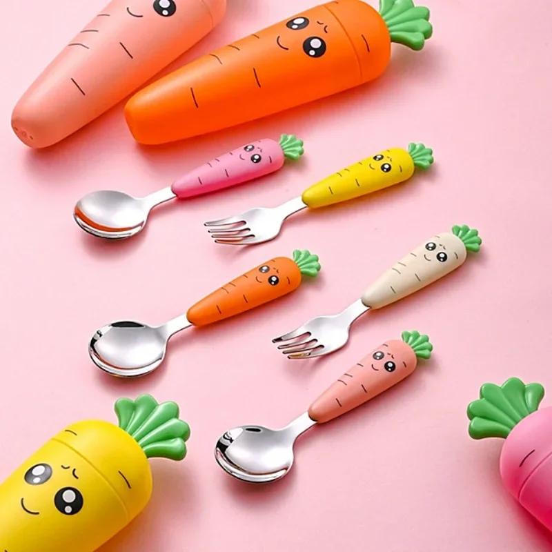 Carrots Set Children Dinnerware Stainless Steel Spoon Fork Flatware With Box Baby Feeding Tool Kitchen Tableware Supplies