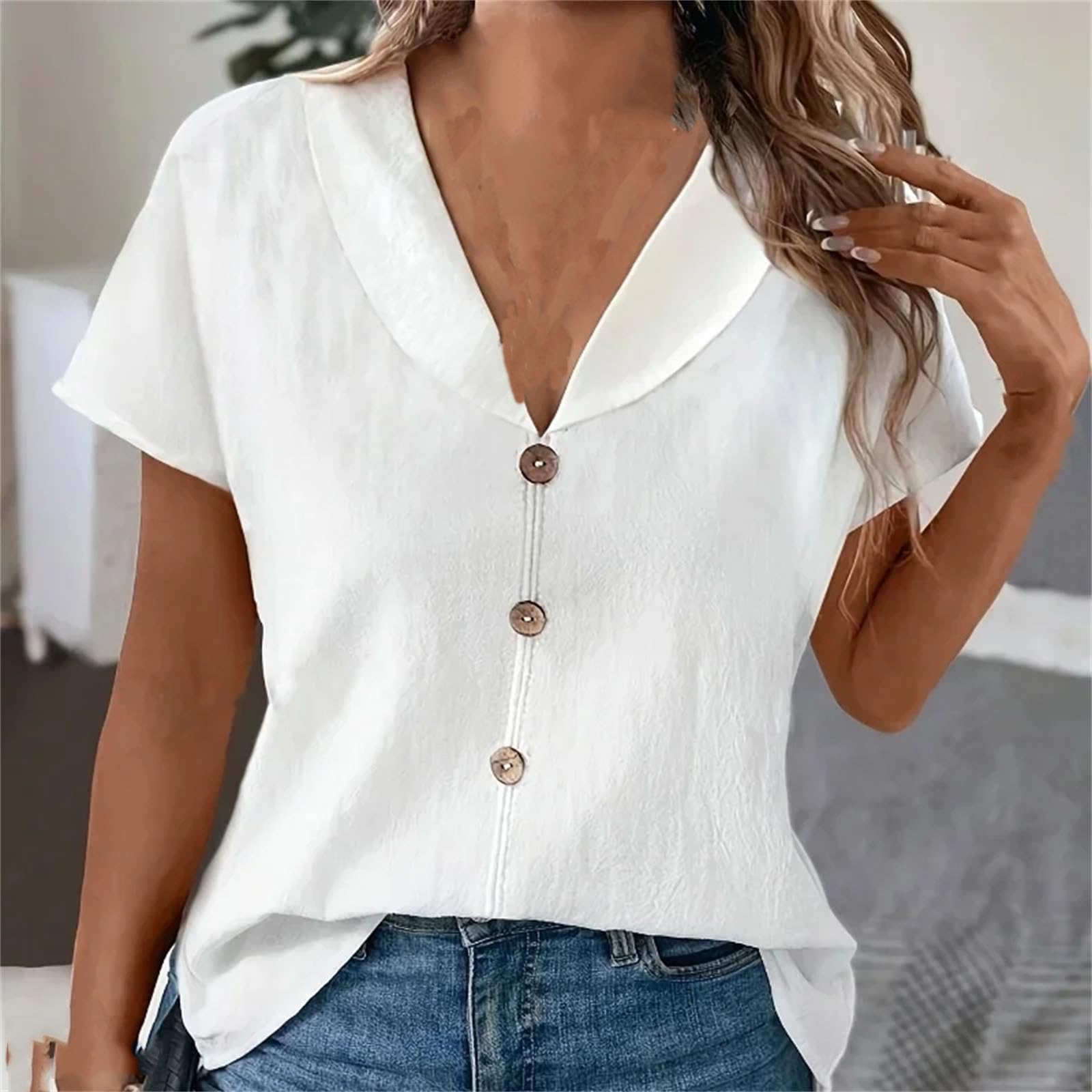 

Women Button Down Casual Short Sleeve Loose Linen Tops XXL білий