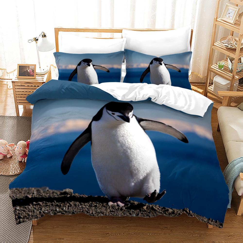 Antarctic Penguins Duvet Cover Set For Kid Girl Boy Cute Animals Polyester Comforter Cover Black White Print Bedspread King Size