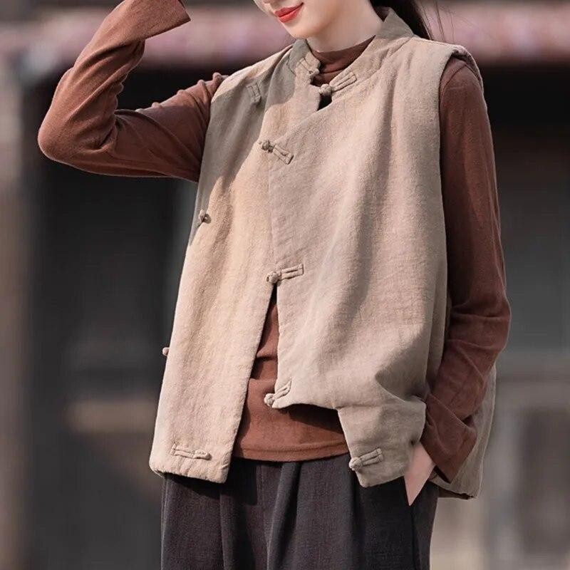 

Johnature женские винтажные жилеты пальто со стойкой однотонные пуговицы плюс хлопковая одежда осенние теплые жилеты в китайском стиле One Size кофейный