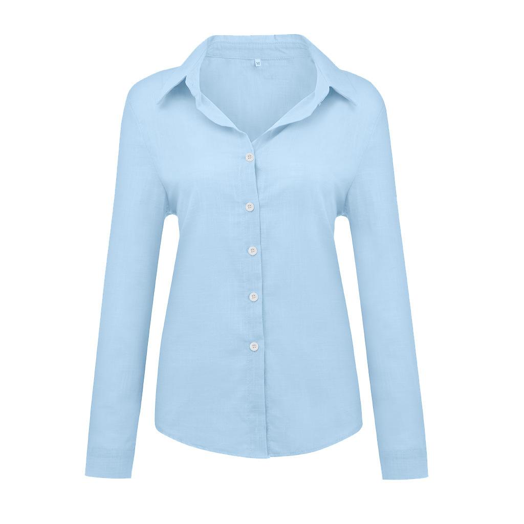 Nowe letnie damskie bluzki w jednolitym kolorze z klapą na guziki Casual luźna z długim rękawem lniany Top bluzki damskie biały top Blusas Mujer