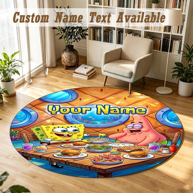 Round Rug Custom NameSpongeBob Pattern Non Slip Carpet Home Floor Decor